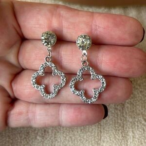 Delicate Silver & Rhinestone Clover Drop Earrings